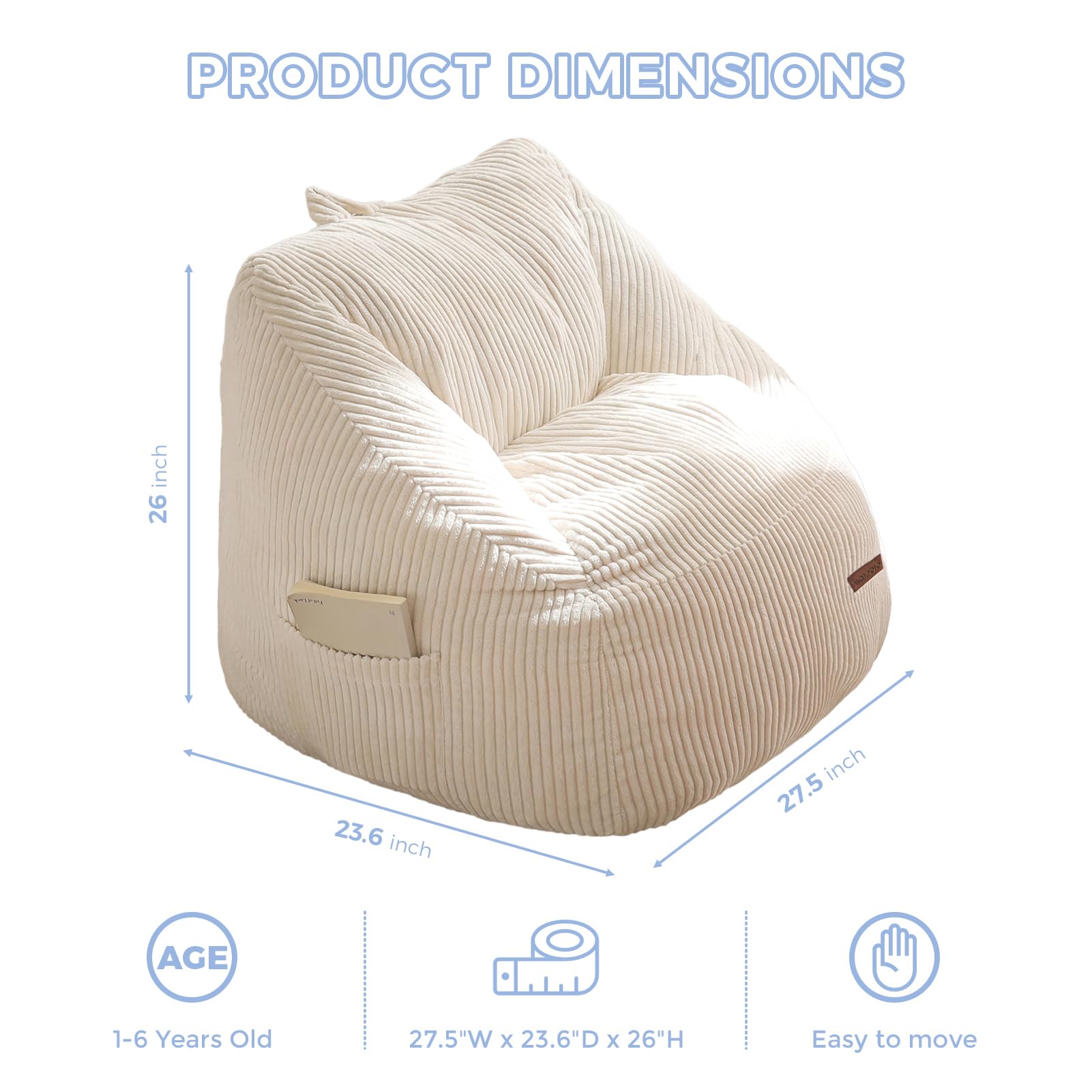 MAXYOYO Kids Bean Bag Chair, Bean Bag Couch with Handle, Comfy Toddler Chair for Boys and Girls, Accent Sofa Chair with Pocket for Gaming Reading Relaxing, Beige