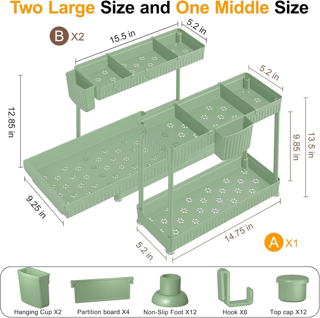 Sevenblue Multi-Purpose Under Sink Organizers - L-Shaped Pull Out Cabinet Storage for Bathroom & Kitchen (Green, 12.85 Inch)