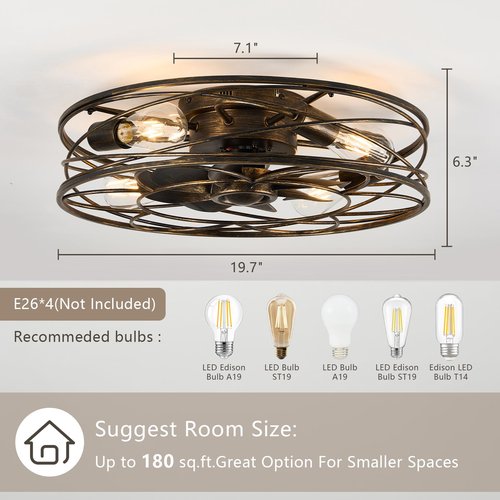 Flush Mount Caged Ceiling Fan: 20" Caged Ceiling Fan with Lights and Remote, Bladeless Low Profile Ceiling Fans 6 Speed Reversible Quiet Industrial Enclosed Ceiling Fan for Bedroom Dining Room Kitchen
