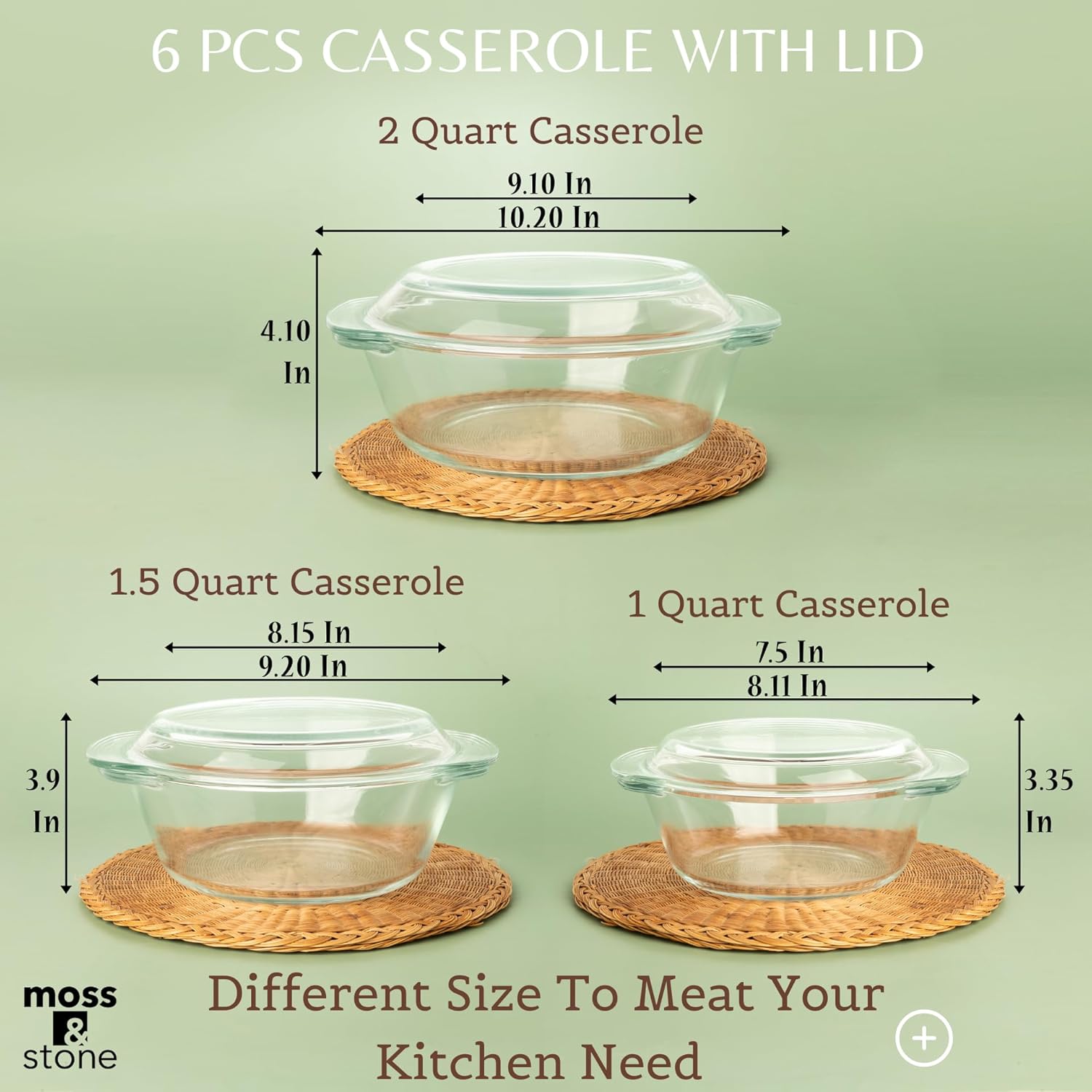 Moss & Stone 6-Piece Clear Glass Casserole Dish Set - Durable Tempered Bakeware with Lids | Microwave Safe, 3 Sizes