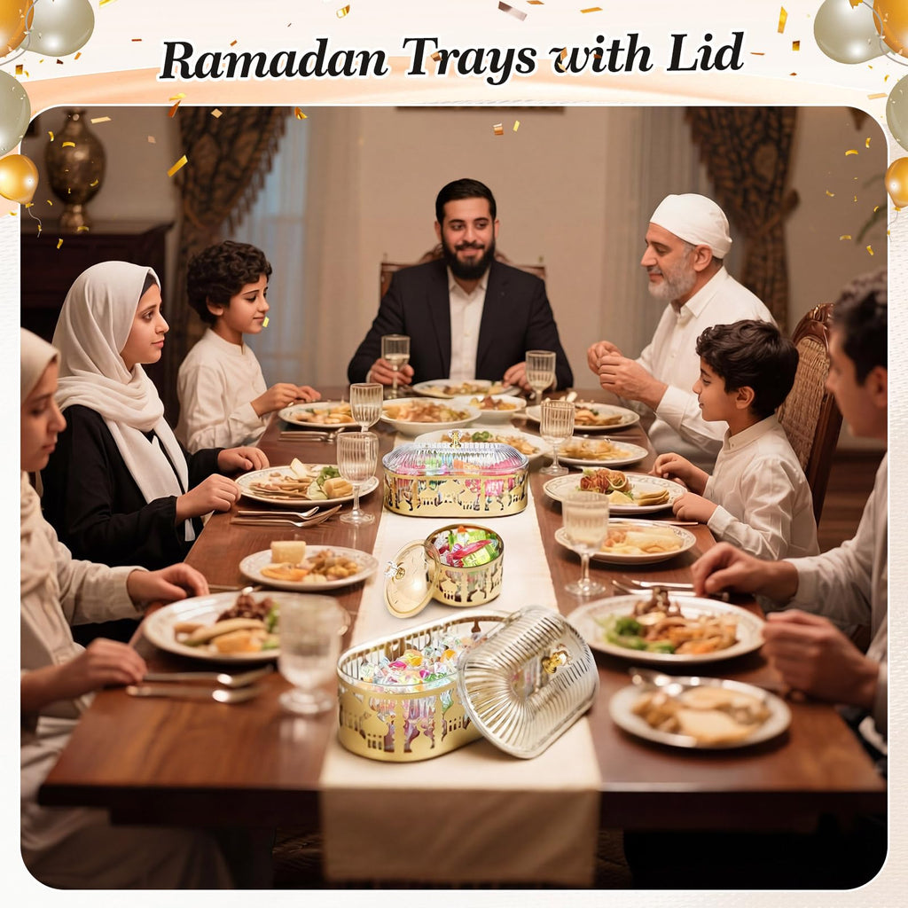 Otoolling 4 Pcs Ramadan Trays with Lid Gold Eid Mubarak Tray Plates Ramadan Moon Candy Dish Table Decorations Food Serving Tray Islam Muslim Al-fitr Cookie Storage Container for Eid Party Supplies
