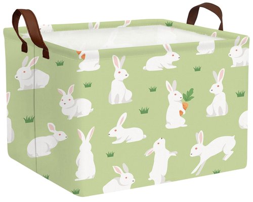 BOOHIT Large Easter Baskets Empty Boy Toy Storage Bin Girls collapsible kid Hamper Baby Waterproof Storage Box Spring Gifts Decor(White Rabbit Holding Carrot)