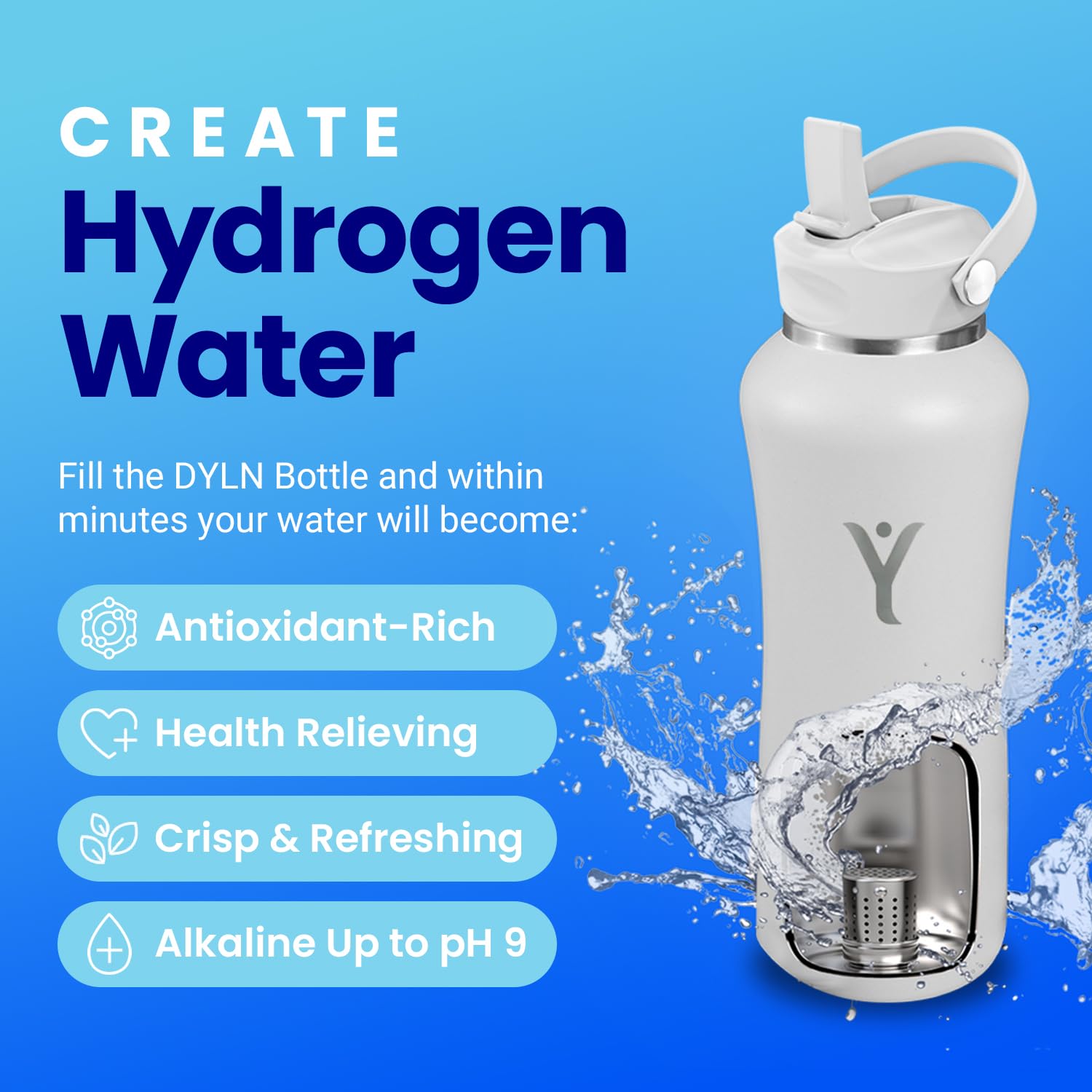 DYLN Hydrogen Water Bottle | Create Hydrating Alkaline Hydrogen-Rich Water Up to 9 pH | Vacuum Insulated Stainless Steel Water Bottle | Keeps Water Cold for 24 Hours | 32 oz, Crimson Red