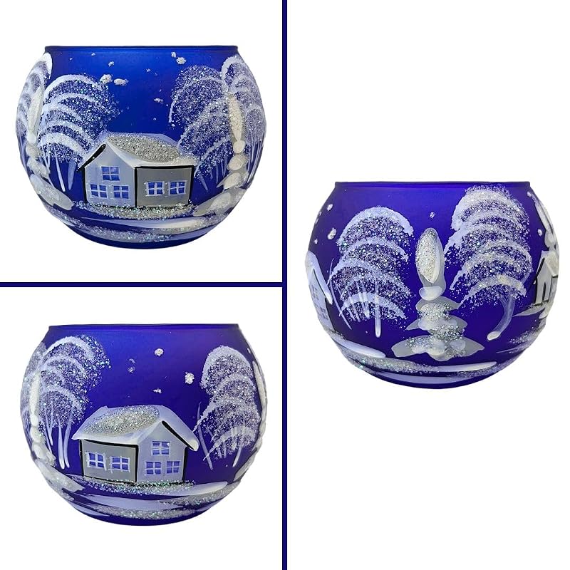 Christmas Tea Light Candle Holder Glass - Hand Painted Mouth Blown Glass, Blue, Medium - Decorvo