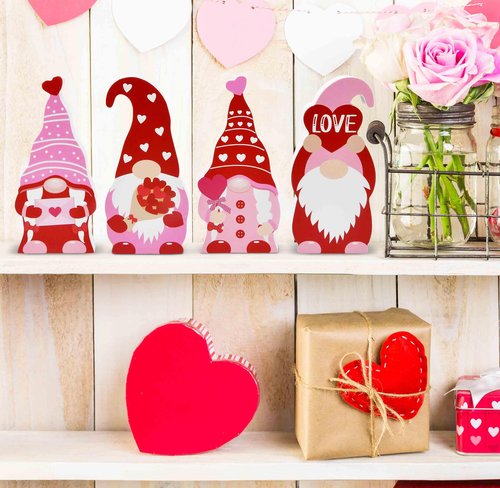 Gift Boutique Valentines Day Decor Gnome Table Sign, 4 Pcs Galentines Day Red and Pink Wooden Home Tiered Tray Decorations Valentine Gifts
