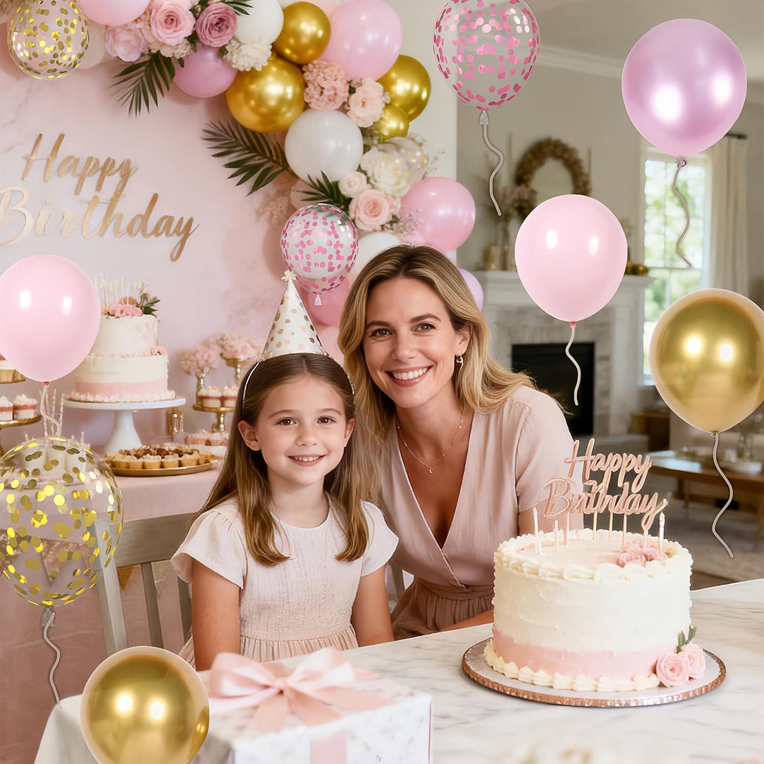 Skiennix Pink Gold Balloons Set - 12 Inch Pink & White Latex Balloons with Confetti | Perfect for Bridal, Baby Shower, and Birthday Decorations