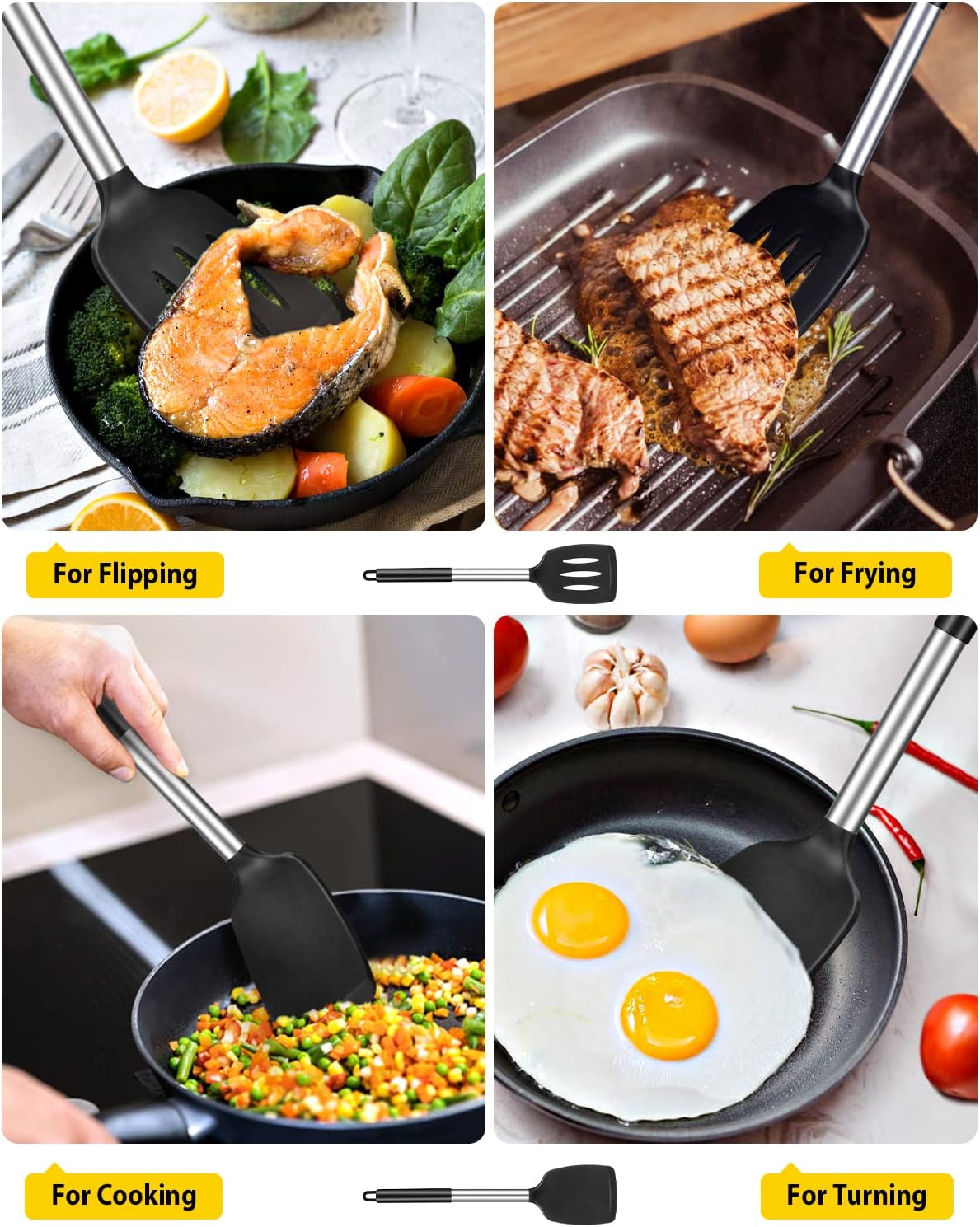 Skiennix Silicone Turner Spatulas - Non-Stick, High Heat Resistant, BPA-Free | Pack of 2 (Black)