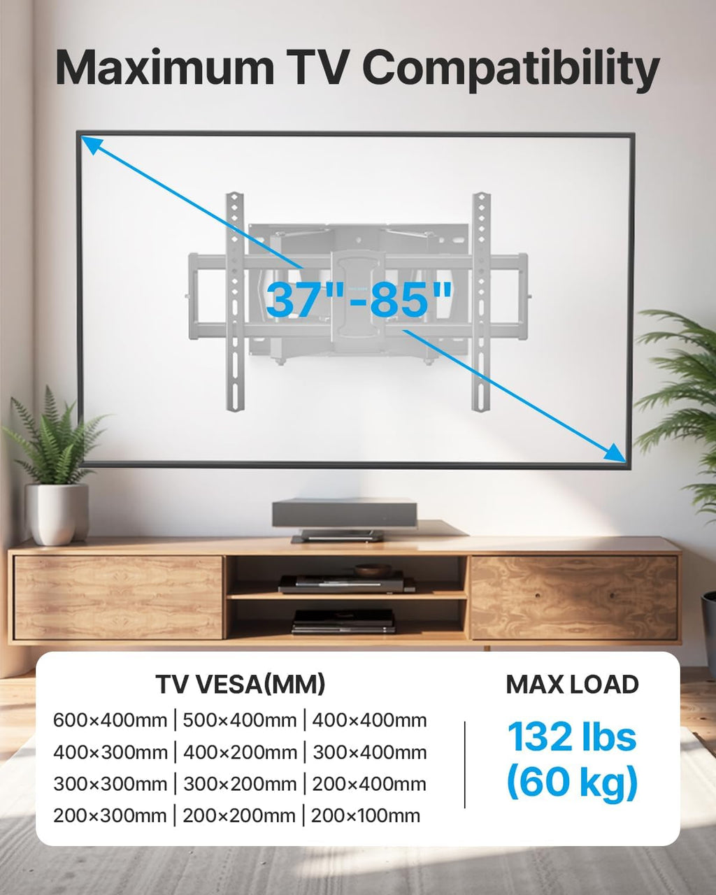USX STAR Full Motion TV Wall Mount - Swivel & Tilt for 37-85 Inch TVs, Max VESA 600x400mm, 132lbs Capacity