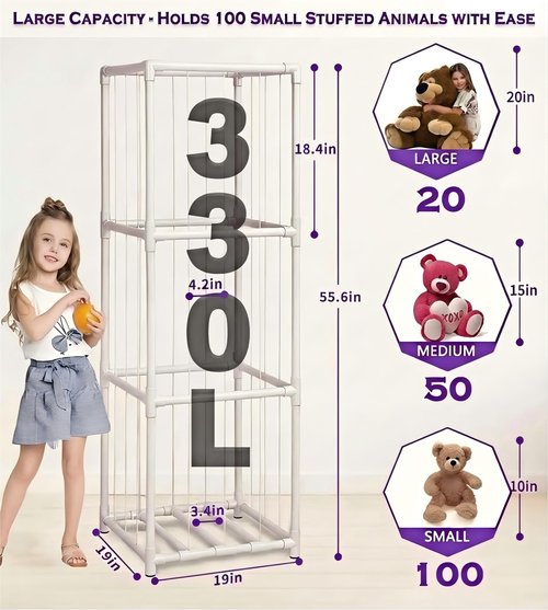 JAWNLITY Stuffed Animals Zoo Storage, 330L Large PVC Stuffed Animal Holder Stuffy Organizer, Easy-Access Plush Toy Storage Cage for Toddler Playroom, Bedroom