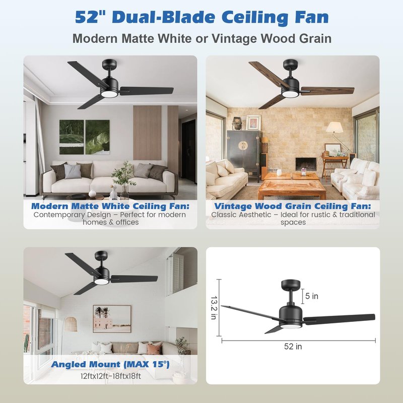 52 inch Ceiling Fans with Lights and Remote, Dimmable 3 Color temperatures LED, Reversible with Quiet DC Motor, 3 Blade High CFM Indoor Outdoor Modern Ceiling Fan for Bedroom Living Room (Black)