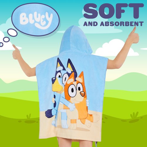 Bluey Kids Changing Robe, Hooded Towel Poncho, Soft Absorbent Wearable Towel, Swim Surf Bath Beach Cover Up, Gifts for Kids (Blue/Orange)