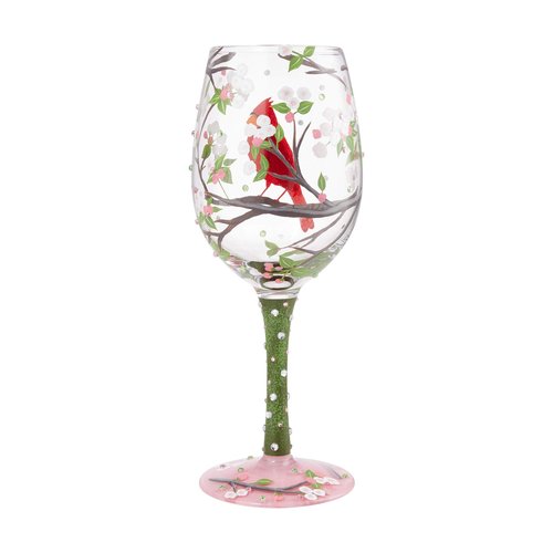 Enesco Designs by Lolita Cardinal Bird with Cherry Blossoms Beauty Artisan Hand-Painted Wine Glass, 15 Ounce, Multicolor