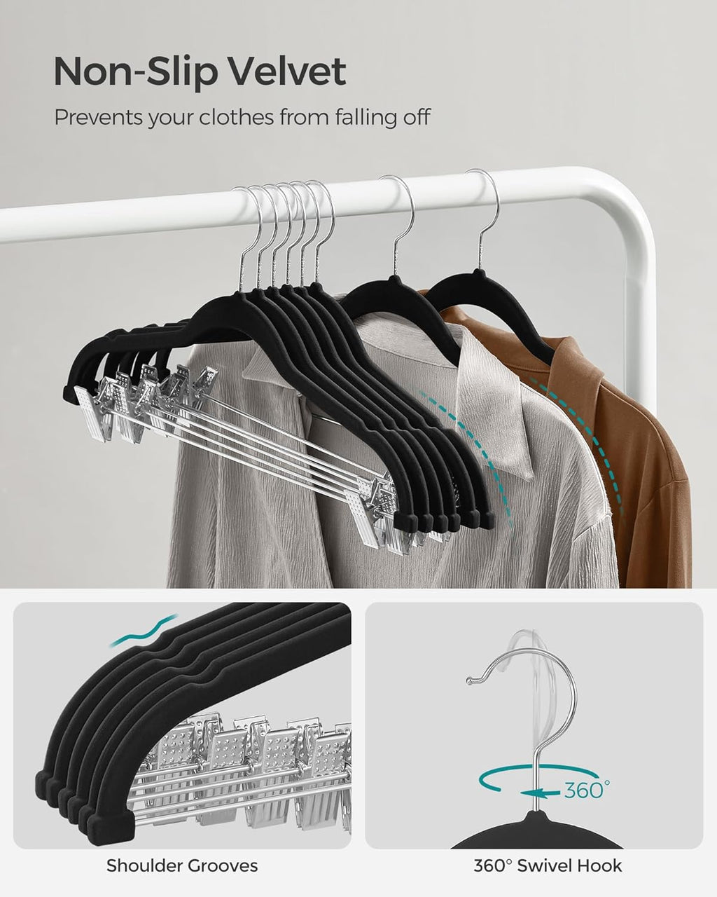 SONGMICS Velvet Pants Hangers - 50-Pack, 16.7-Inch, Adjustable Clips, Non-Slip, Space-Saving, Black