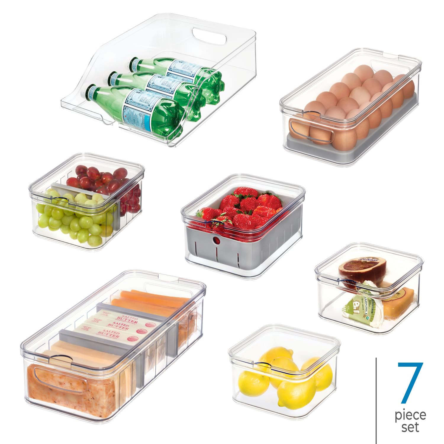 iDesign Crisp 7-Piece Recycled Plastic Refrigerator Organizer Bin Set with Lids, Clear/Gray