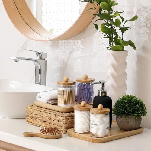 Bamboo Qtip Holders by Skiennix - 6-Pack Bathroom Storage for Cotton Balls, Swabs & Pads
