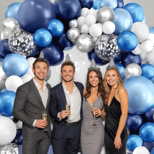 Blue White Silver Balloons Arch Kit - Navy Blue & White with Metallic Confetti for Graduation & Parties