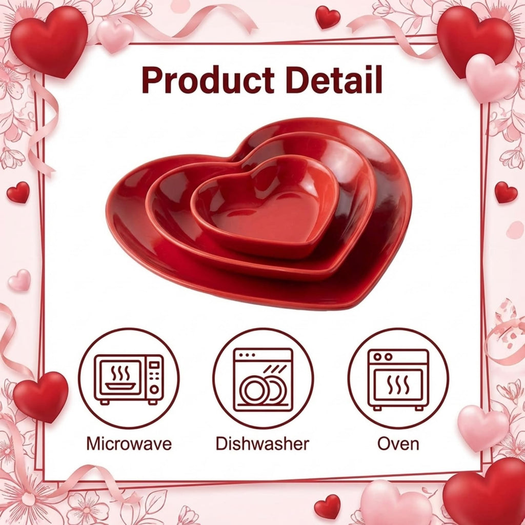 Suclain Valentines Day Red Heart Shaped Ceramic Plate Set of 3 Heart Dinner Dishes 3.15″ 4.92″ 7.09″ Platter for Dish Dessert Salad Bowl for Valentine‘S Day Party Supply Microwave Dishwasher Safe