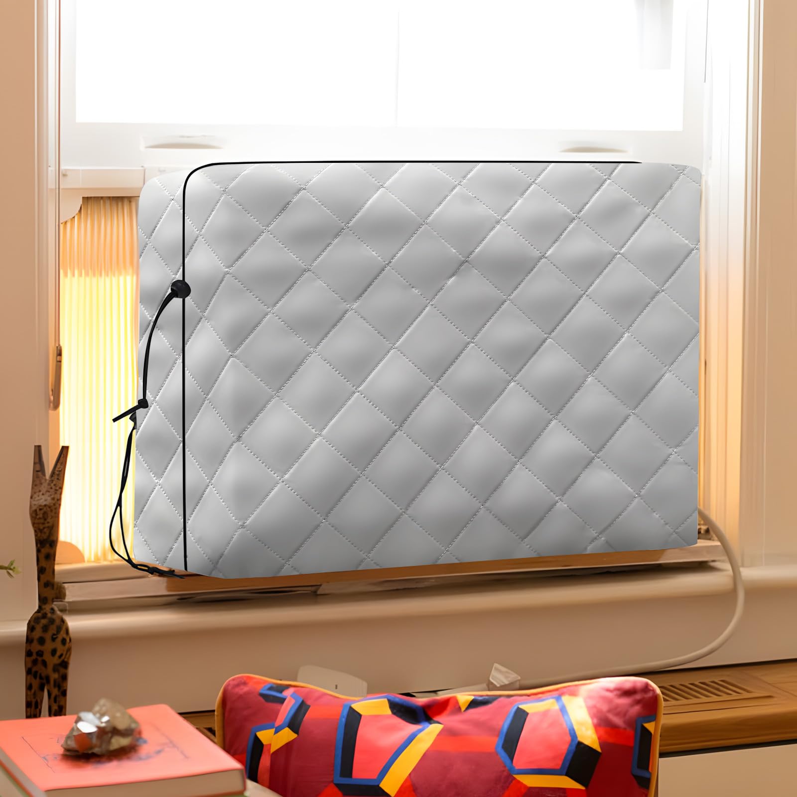 RUNZEG Indoor Air Conditioner Cover, 21Lx15Hx3.5D in Gray Window Winter Unit Cover Anti-Rust Adjustable for Window AC with Free Elastic Straps