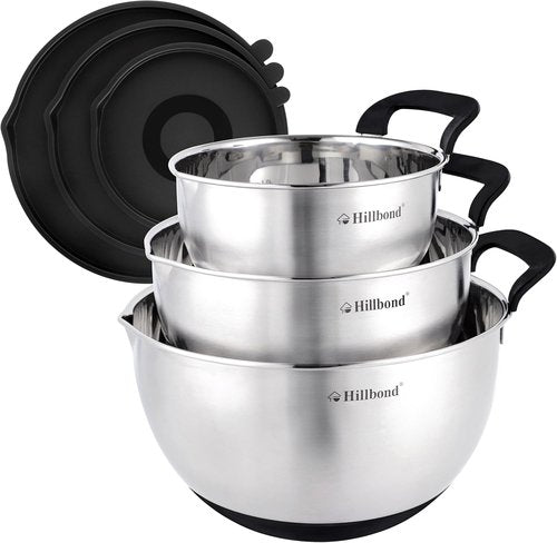 Hillbond Stainless Steel Mixing Bowls Set - 3 Bowls with Lids, Pour Spout & Non-Slip Bottoms | Black