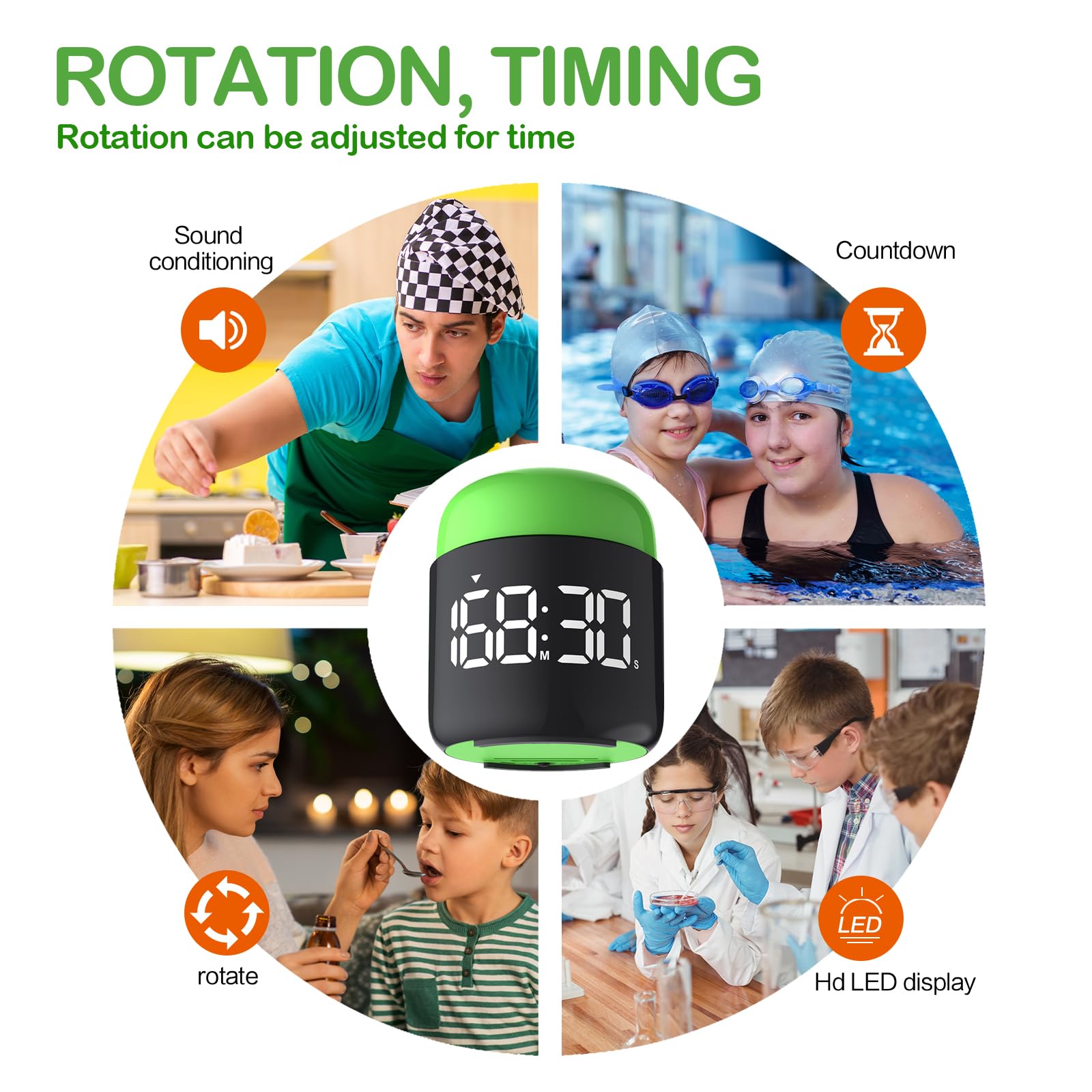 Table Twist Timer, Large LED Display Stopwatch, Silent & Loud Alarm, 199 Minute Countdown & Up, Vintage Night Light, for Kitchen Cooking Meeting Teacher Classroom Office Yoga Fitness Games (Green)