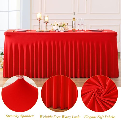 2 Pack Red Table Cloth for 8 Foot Rectangle Tables Spandex Fitted Tablecloth 8ft Stretch Table Covers Skirt Red Banquet Tablecloths Wrinkle Free Tablecloth for Party Wedding Birthday Event