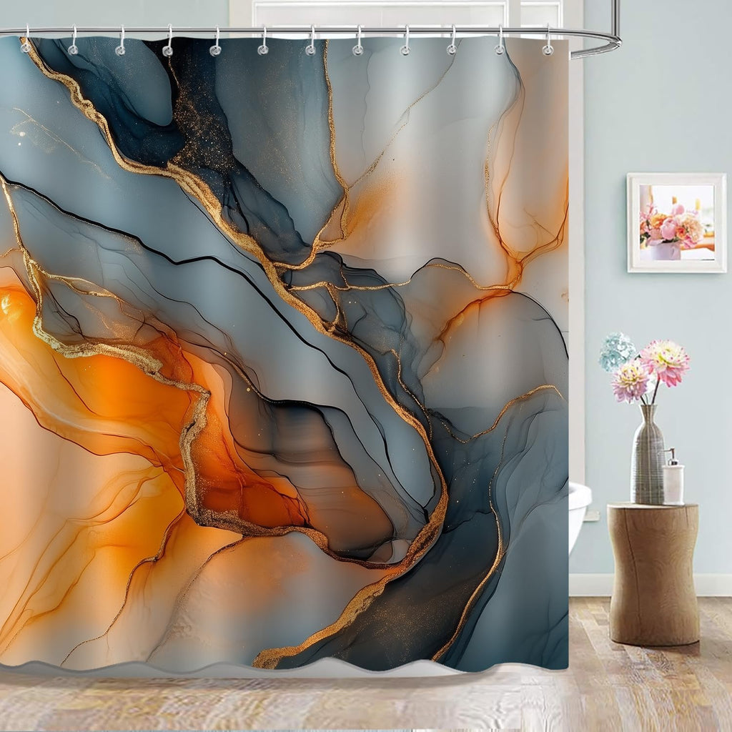 Moonslim Black Gold Marble Shower Curtains, Orange Grey Abstract Marble Shower Curtain, Modern Fabric Bath Curtain for Bathroom Decor Waterproof Cloth with Hooks 72X72 Inch