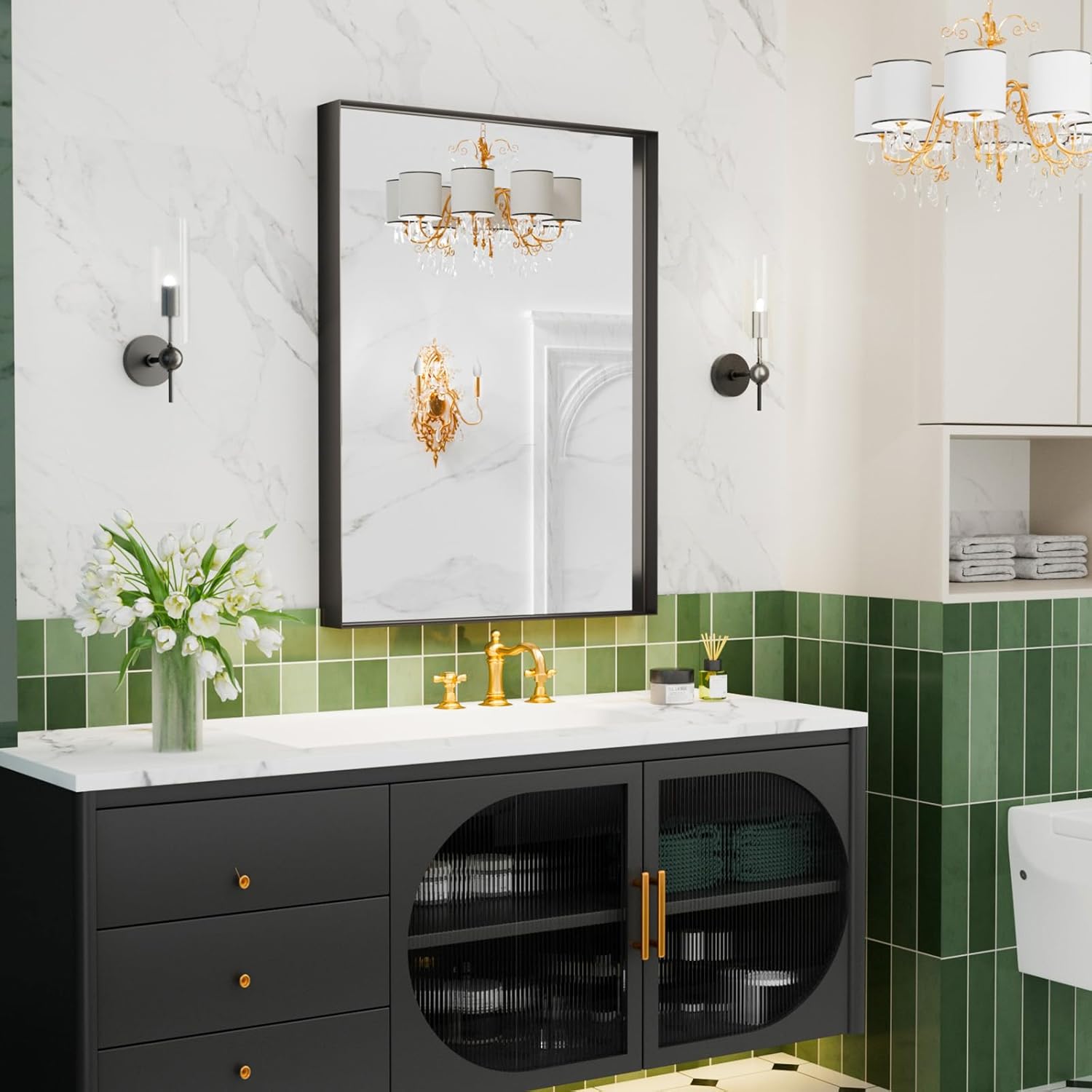 Regine Switzerland Black Vanity Wall Mirror - 22x30 Inch Rectangular Aluminum Framed Design | Anti-Rust Tempered Glass