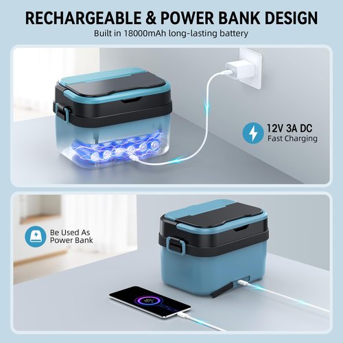Cordless Electric Lunch Box for Adults, 18000mAh Rechargeable Portable Self-Heating Lunch Box Food Warmer, 1.5L(6 Cups) Container for Outdoor, Work, Office, Camping, Travel（Blue＆Black）