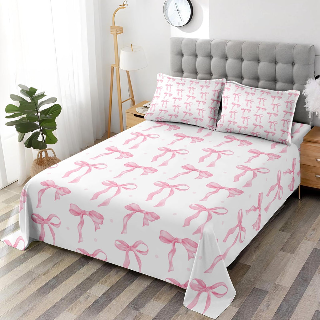 Zzzboro 4 Pcs Fitted Sheet Set Queen Size, Cute Coquette Pink Bow Bowknot, Bed Decor Sweet Themed Elegant Girly Baby Bedroom Sets Pillowcase Bedsheet Bedding Flat Sheet for Kids and Adults