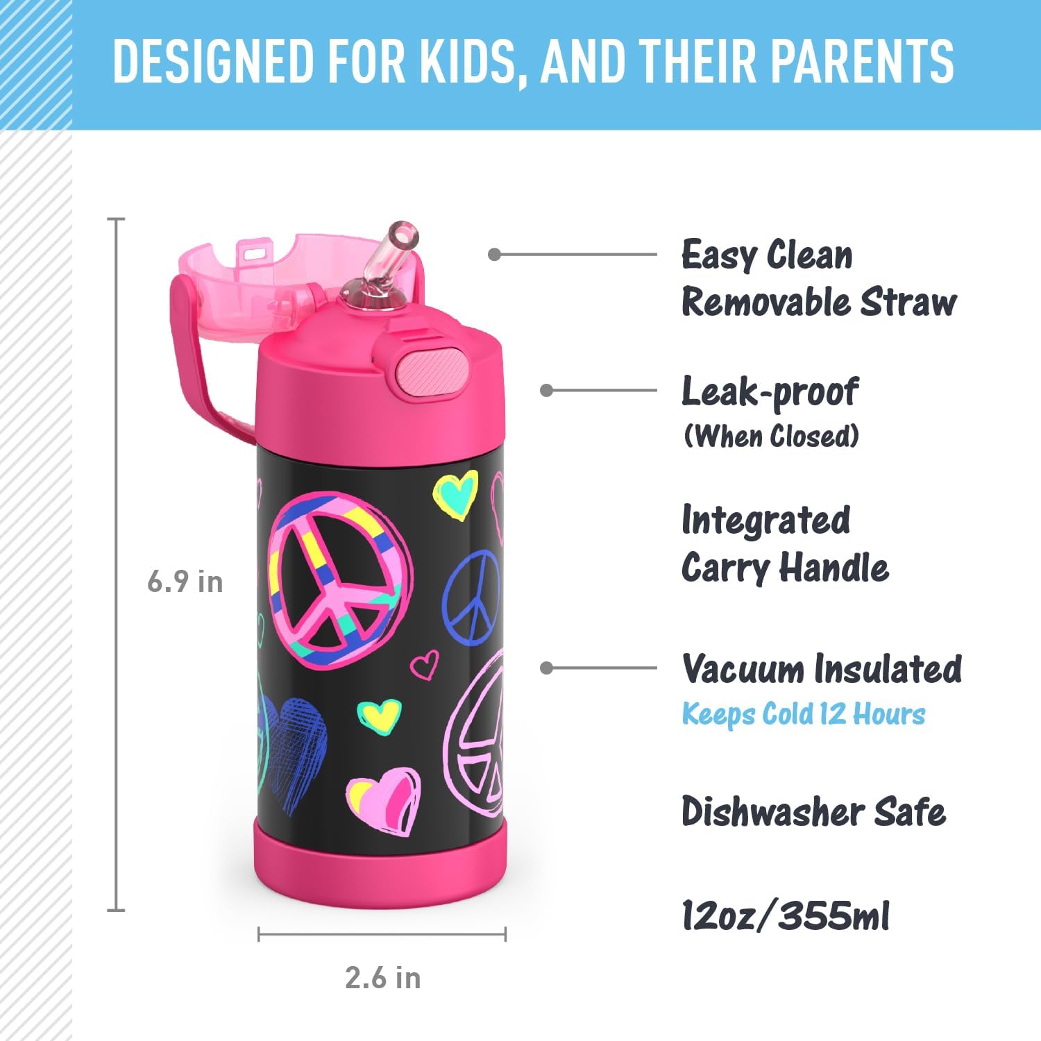 THERMOS FUNTAINER Water Bottle - 12 Ounce Kids Stainless Steel Vacuum Insulated with Straw | Peace Design