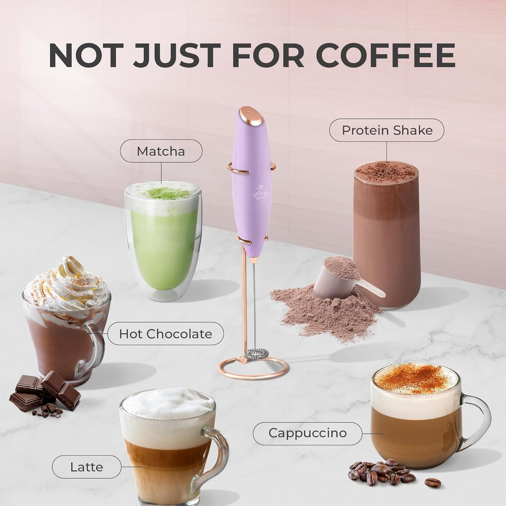Zulay Kitchen Milk Frother Wand - Ultra-Fast Electric Whisk for Coffee & Lattes - Lilac & Rose Gold