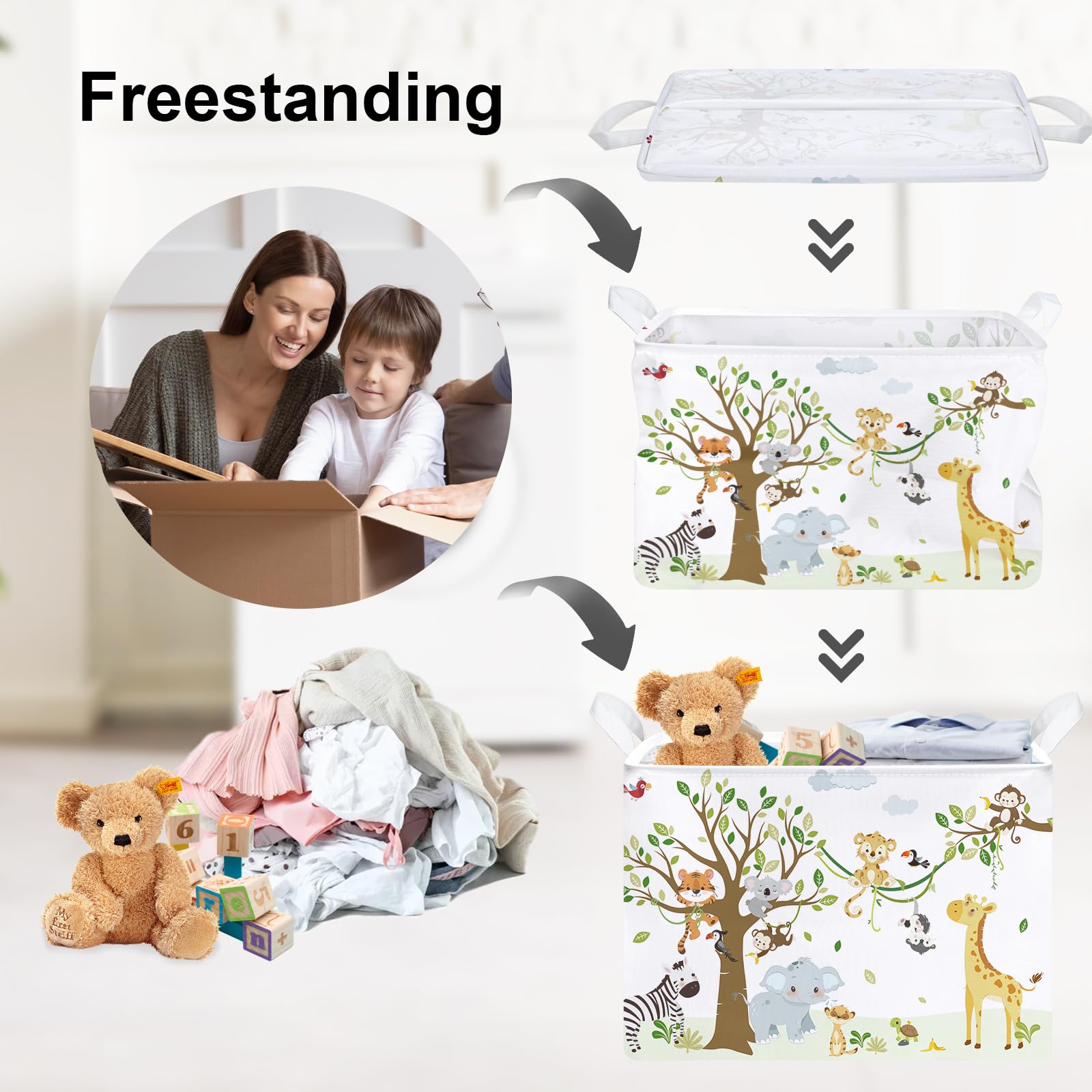 Clastyle 36L Woodland Vine Animal Tree Nursery Decor Baby Basket Collapsible Rectangle Giraffe Monkey Tiger Clothes Toy Book Shelf Basket