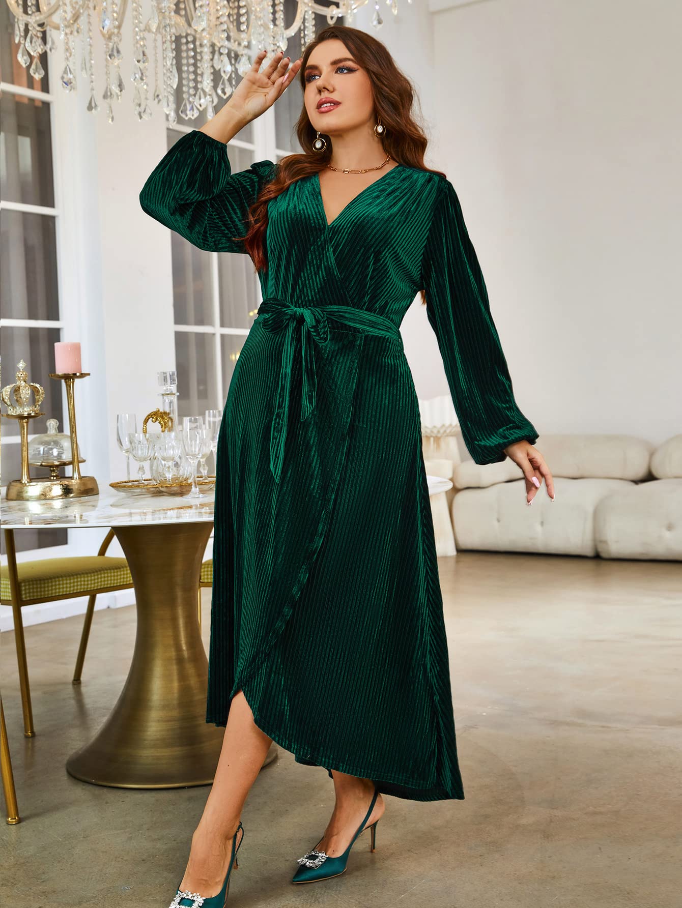 BerryGo Women's Plus Size Long Sleeve Velvet Wrap Dress V Neck Cocktail Semi Formal Maxi Dress for Wedding Guest Emerald Green 3XL
