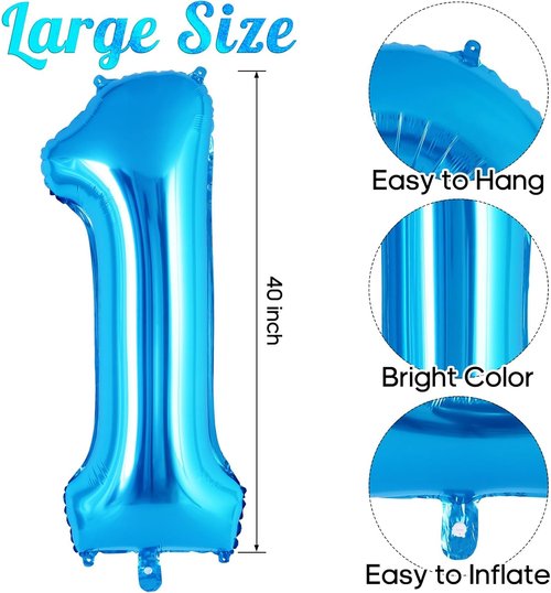 Blue Number 1 Balloon - 40 Inch Jumbo Foil Mylar Balloon for First Birthday Party & Anniversary Celebrations