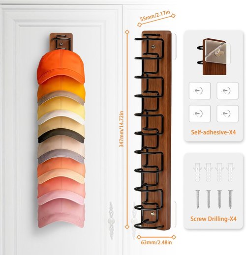 Hat Organizer by [Brand Name] - 2 Pack Baseball Cap Rack with Strong Adhesive | Wall-Mounted Storage for 22 Caps (Brown)
