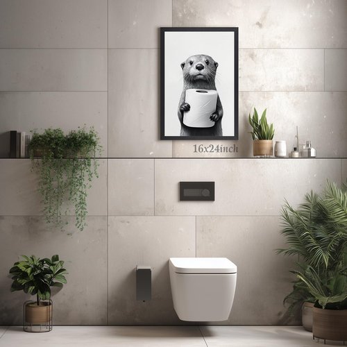 LLEEMPI Otter Toilet Paper Wall Art - Modern Minimalist Black & White Canvas Print | 12x16 Inch Framed Decor