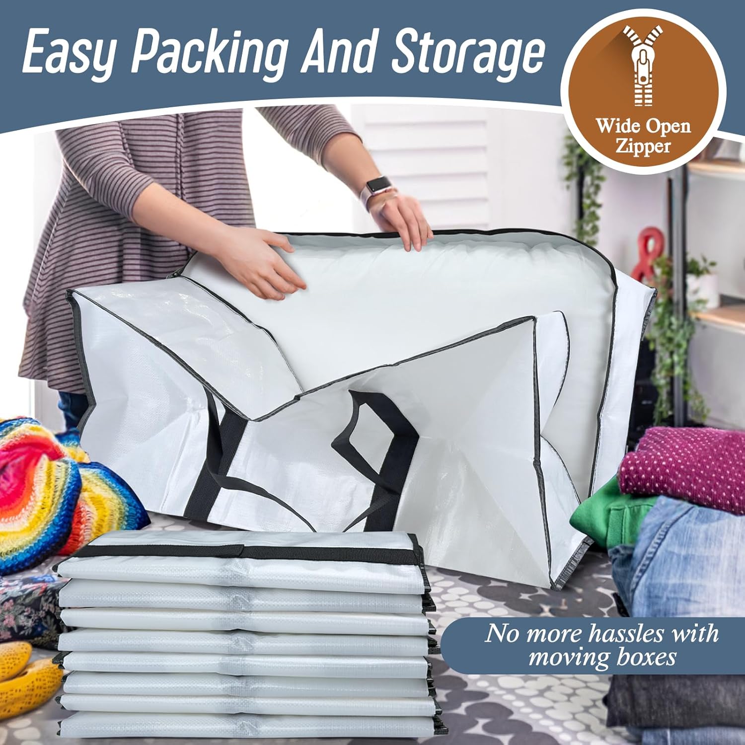 Skiennix 6 Pack Extra Heavy Duty Moving Bags - Strong Zipper & Comfortable Handles | Durable Storage Totes in White