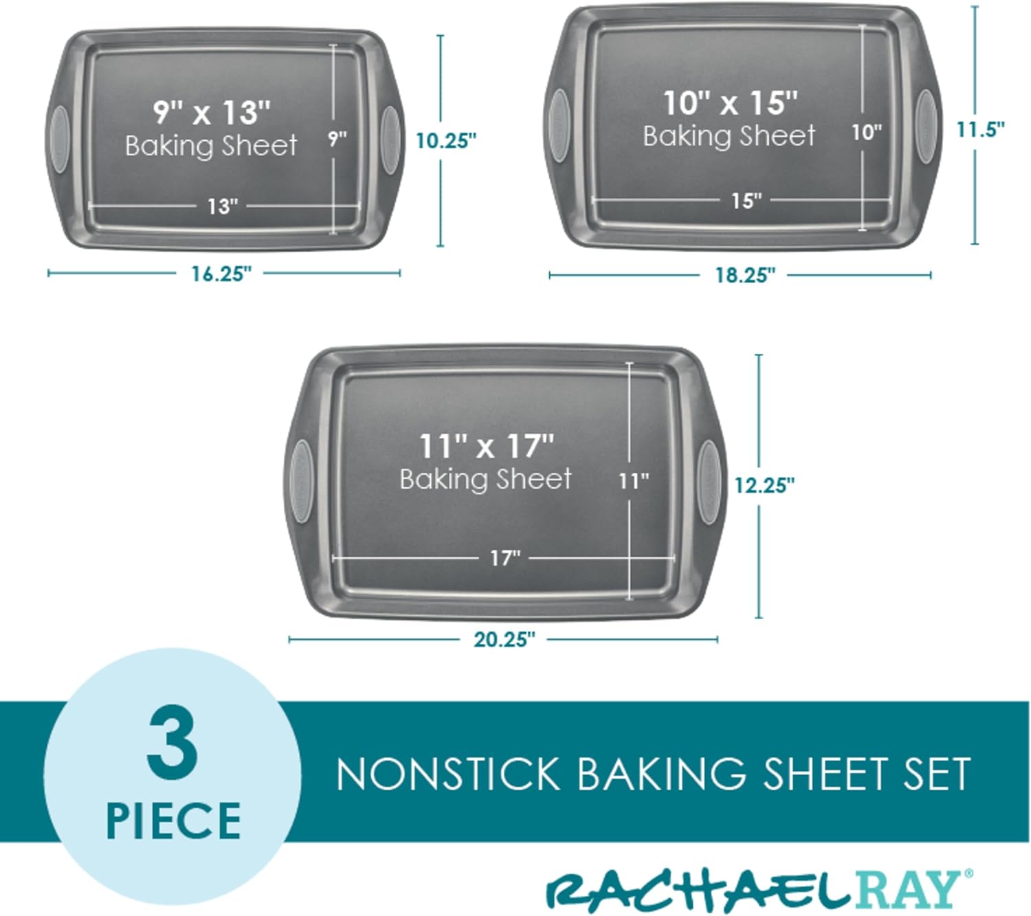 Rachael Ray Nonstick Bakeware Set - 3-Piece Cookie Sheets with Grips, Gray & Sea Salt Gray