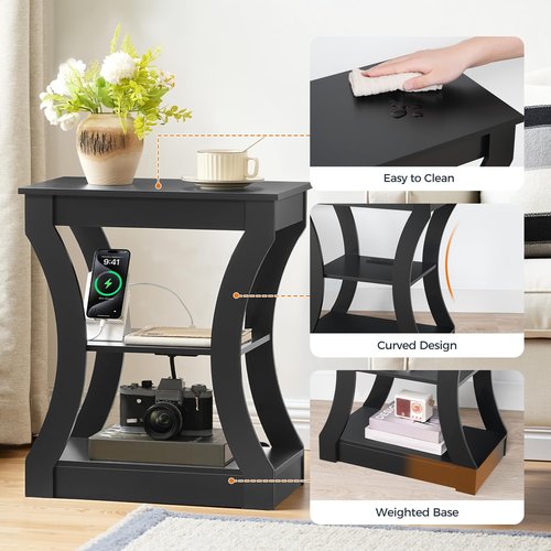 MAHANCRIS Black End Table with Charging Station, Skinny Side Table with USB Ports and Outlets, Nightstand, 3 Tier Bedside Table with Storage Shelf for Living Room, Bedroom, Small Space ETBK53E01