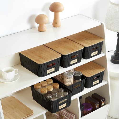 Bagnizer Small Plastic Storage Bins - Stackable Decorative Containers with Bamboo Lids | 5.2qt, Black, Set of 6