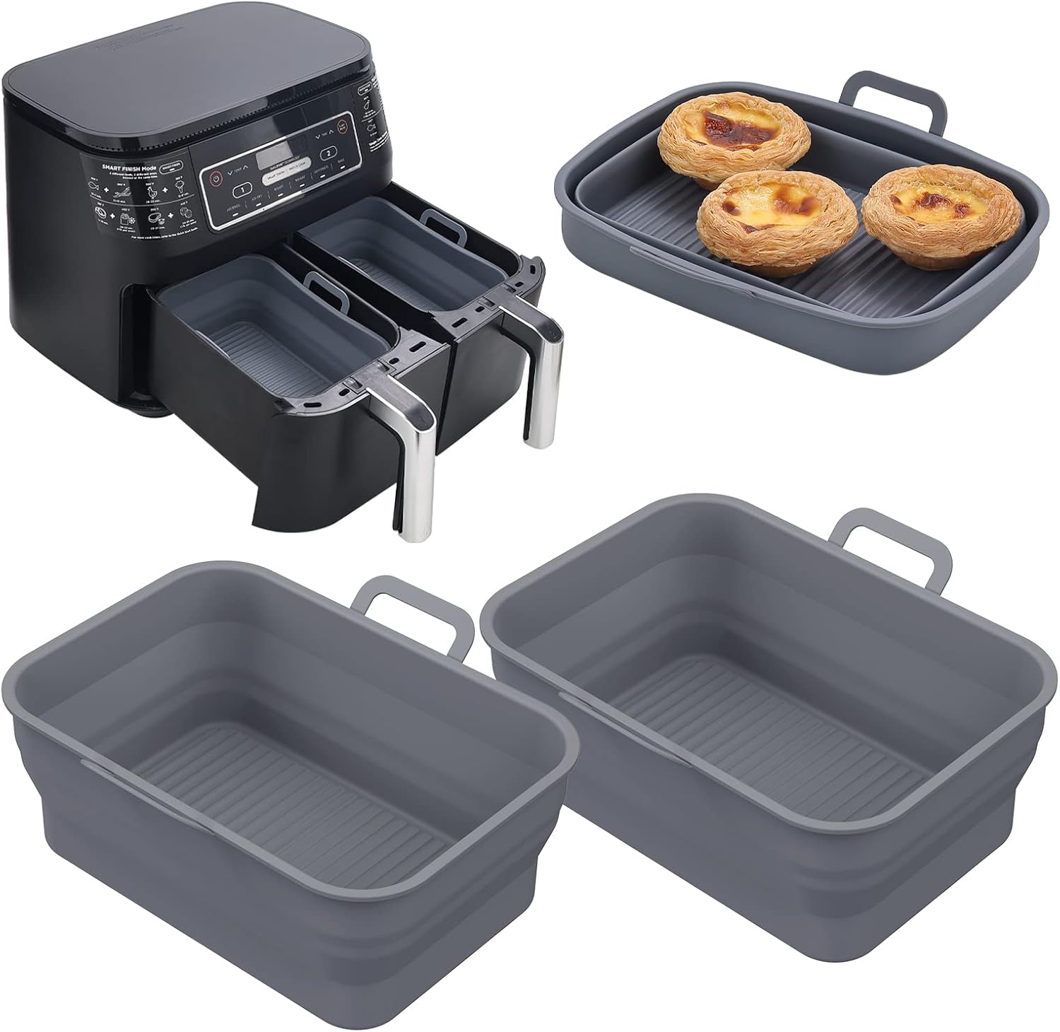 NINJA Air Fryer Silicone Liners - Reusable Collapsible 2-Pack for 8QT & 10QT Baskets | Gray