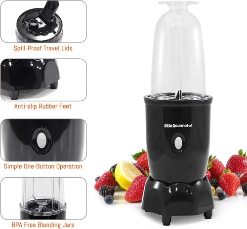 Elite Gourmet 17-Piece Personal Drink Mixer Blender - 16 Oz Capacity with Chopping & Blending Blades