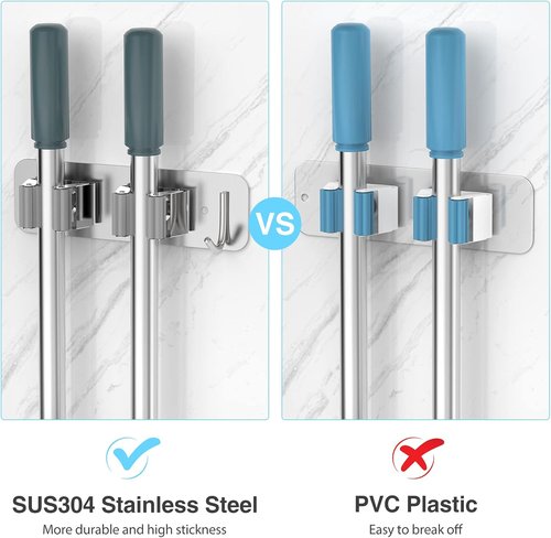 Homeasy Wall Mount Mop and Broom Holder - Heavy Duty Stainless Steel Organizer Rack | 2-Pack, No Drill Installation, Silver