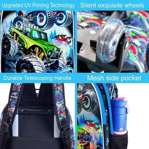 CCJPX 3PCS Truck Rolling Backpack for Boys, Kids Roller Wheels School Bookbag Set, Cars Travel Wheeled School Bag for Toddler Elementary Children-Blue