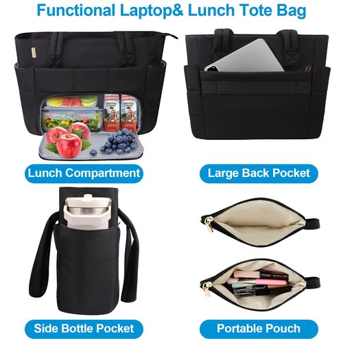 Partreko Work Laptop Tote Bags with Insulated Lunch Compartment& Clutch Purse, Lightweight Puffer Lunch Tote Bag with 15.6 Inch Laptop Compartment for Women Daily Business Office Teacher Nurse (Black)