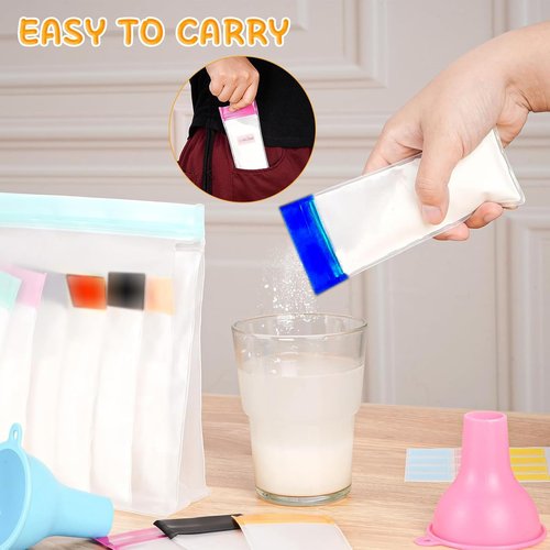 Protein Powder Travel Container Set, Reusable Powder Dispenser Supplement Containers with Funnel, Spoon & Notes, 21PCS Single Dose Bags and 3PCS Large Standable Zip Bags for Workout Fitness Travel