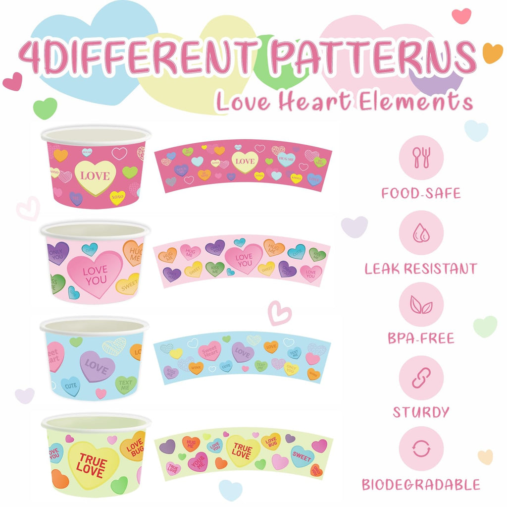 LANCU 60PCS Valentine Paper Ice Cream Cups 8oz Disposable Bowls Conversation Hearts Valentine Treat Snack Cups Pink Bowls for Hot or Cold Food Valentine Party Decor