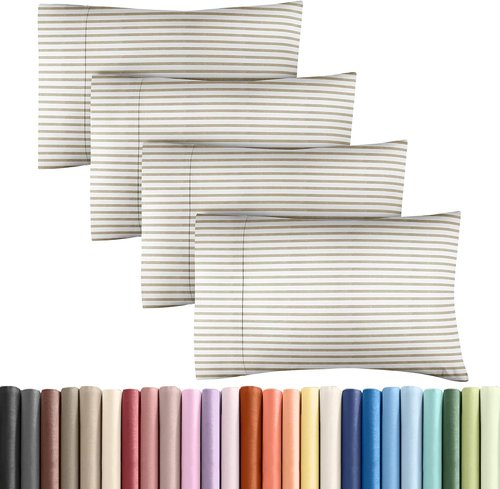 King Pillow Cases by [Brand Name] - Ultra Soft Hotel Quality Covers | Comfy, Wrinkle-Free, 4-Piece Set - Beige Stripes