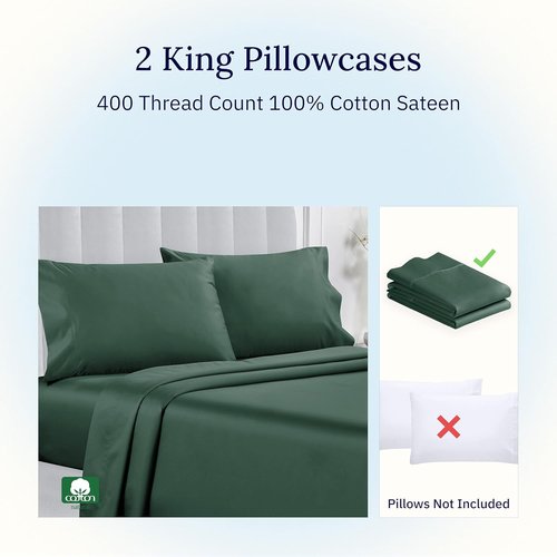 California Design Den King Size Pillowcase Set - 400 Thread Count 100% Cotton Sateen, Soft & Breathable - Hunter Green