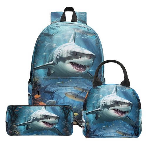3PCS Shark Backpack Set for Boys, Large Lightweight 17 Inch Backpack with Lunch Box & Pencil Case for Kids, Back to School Bookbag for Elementary School